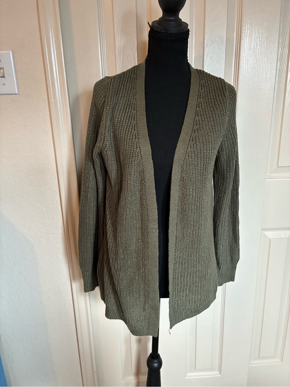 Open-Front Olive Knit Cardigan Sweater for Women